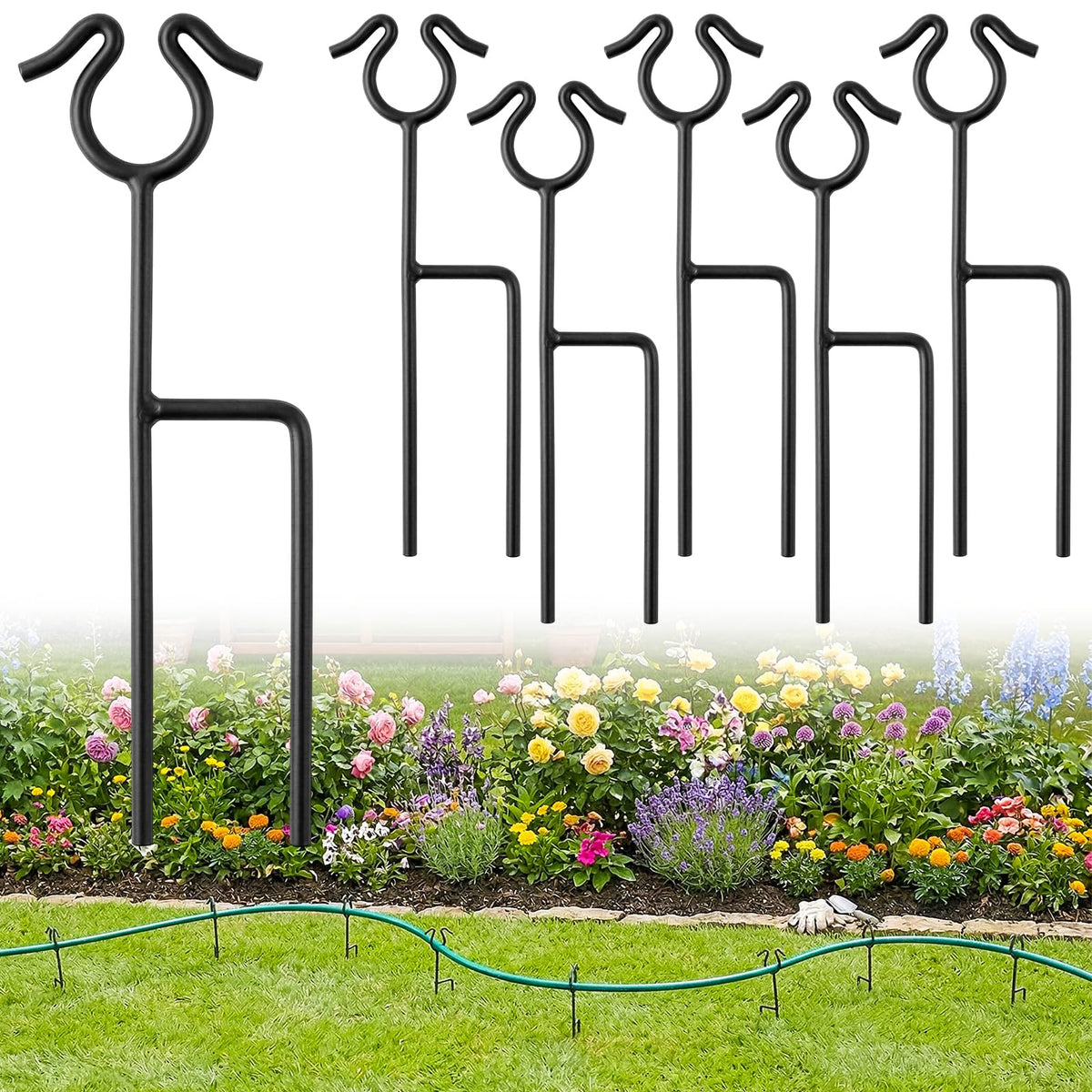 HolyMaji 14-inch garden hose guide spike guiding hoses across a lawn and path.