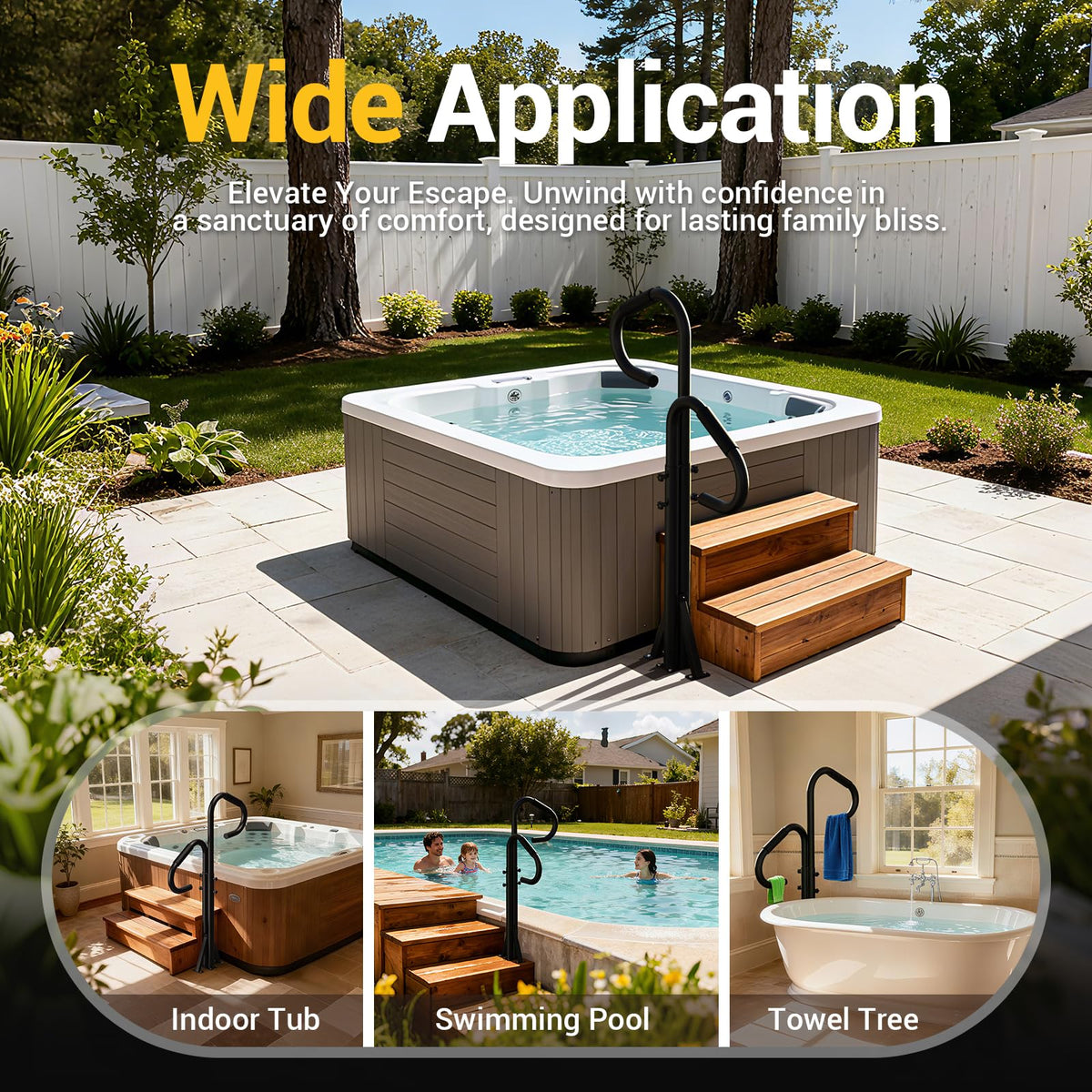 Holymuss rail fits indoor and outdoor spas, inflatable tubs, and pools.