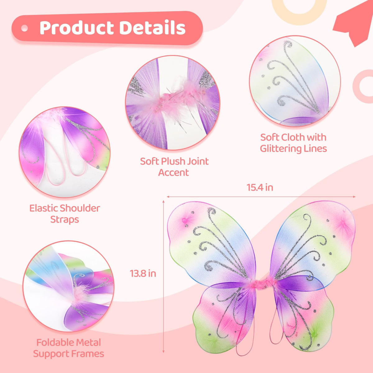 Homaisson sparkle princess wings with glitter patterns and comfortable elastic straps for all-day wear.