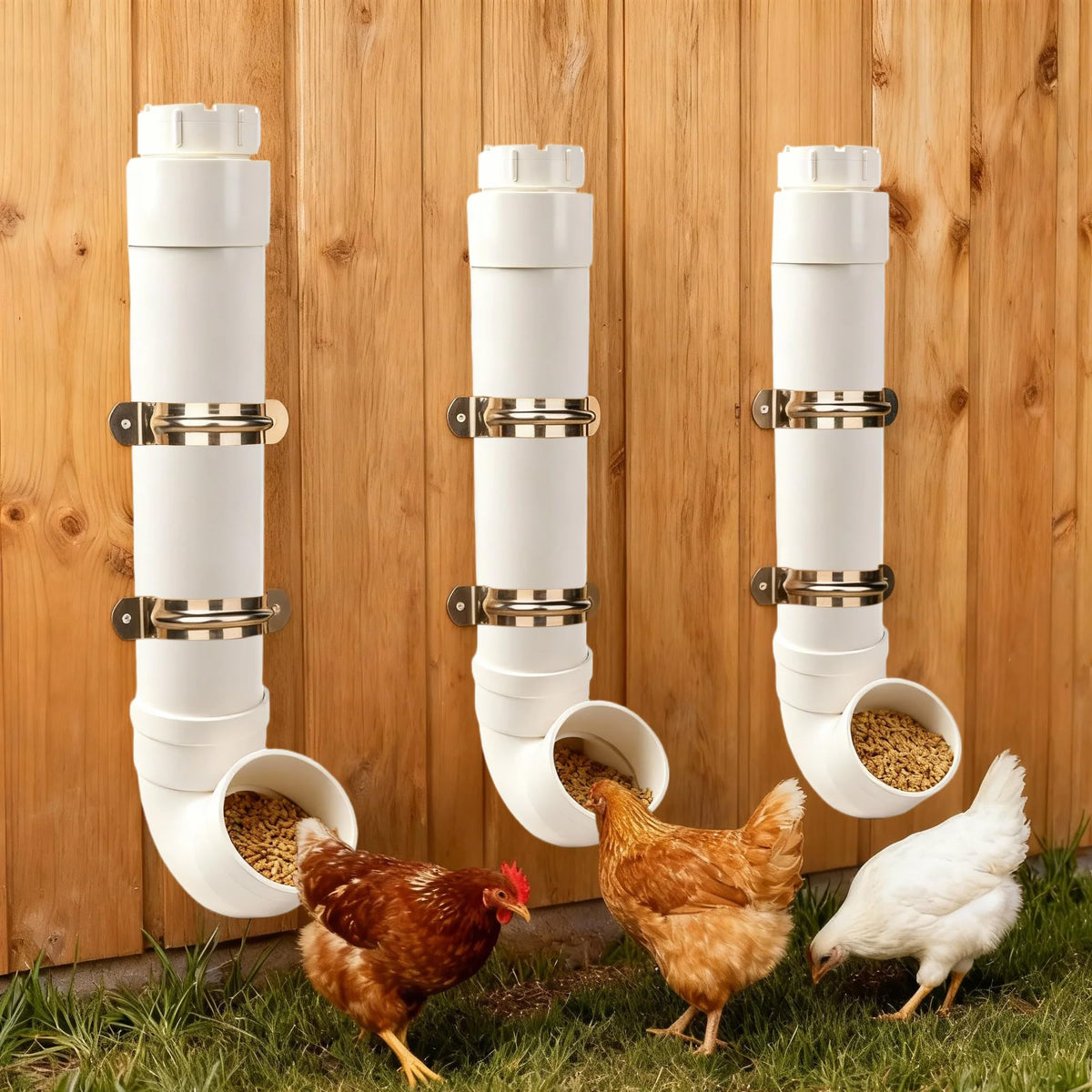 HOMAR gravity feeder feeds up to three chickens at once.