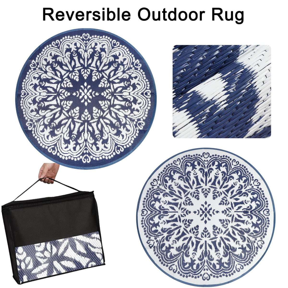 Homcomoda blue-pattern round patio rug enhances deck decor