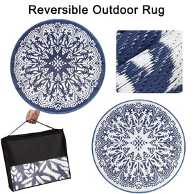 Homcomoda blue-pattern round patio rug enhances deck decor