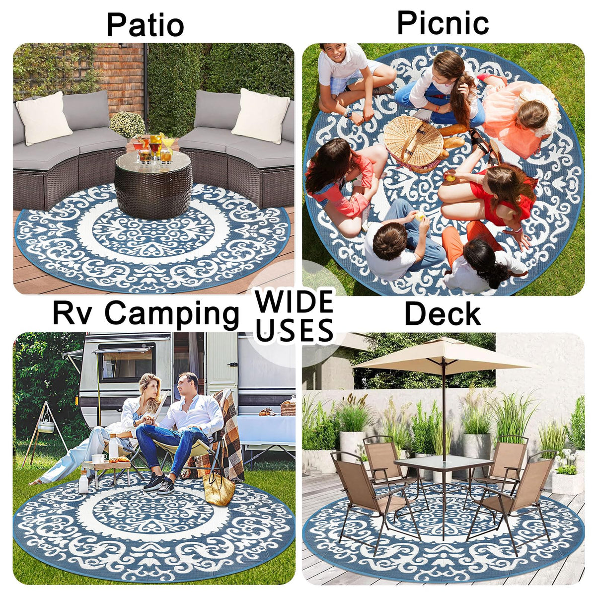 Homcomoda blue round rug lightweight and portable for quick outdoor setup