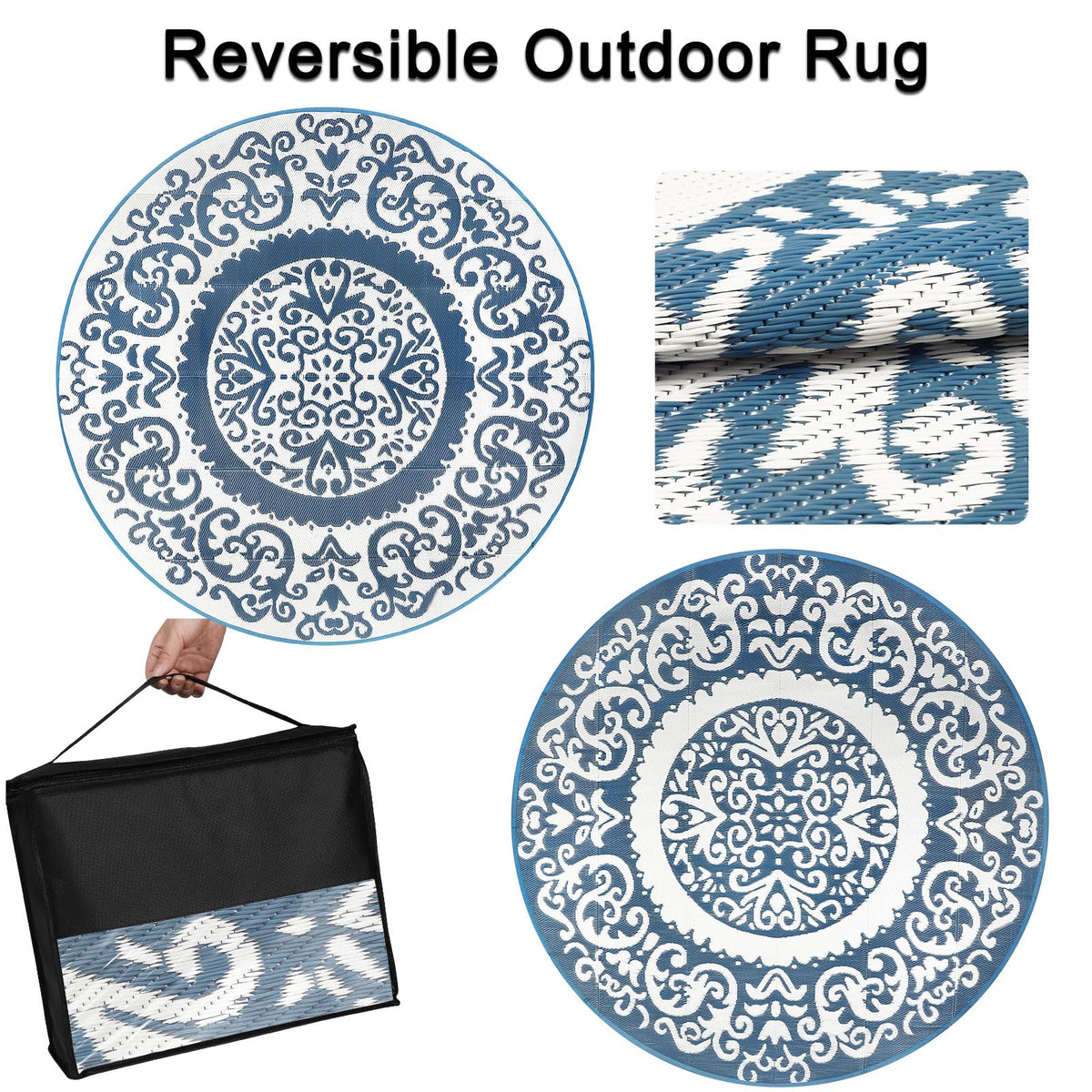 Homcomoda round outdoor rug blue dual sides visible for deck or porch