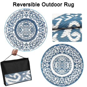 Homcomoda round outdoor rug blue dual sides visible for deck or porch