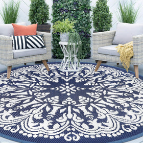 Homcomoda round outdoor rug blue with 8ft size defines patio seating