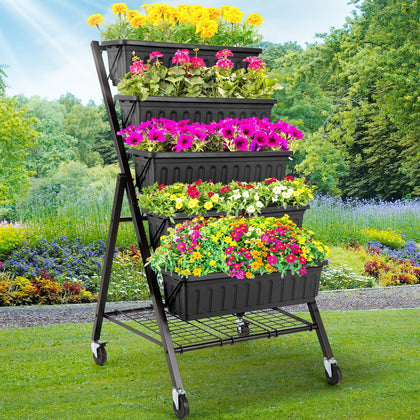 Homdox 5-tier vertical garden bed with lockable wheels for easy balcony relocation.