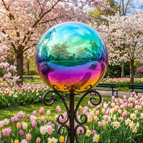 HomDSim rainbow gazing ball on outdoor patio as focal point