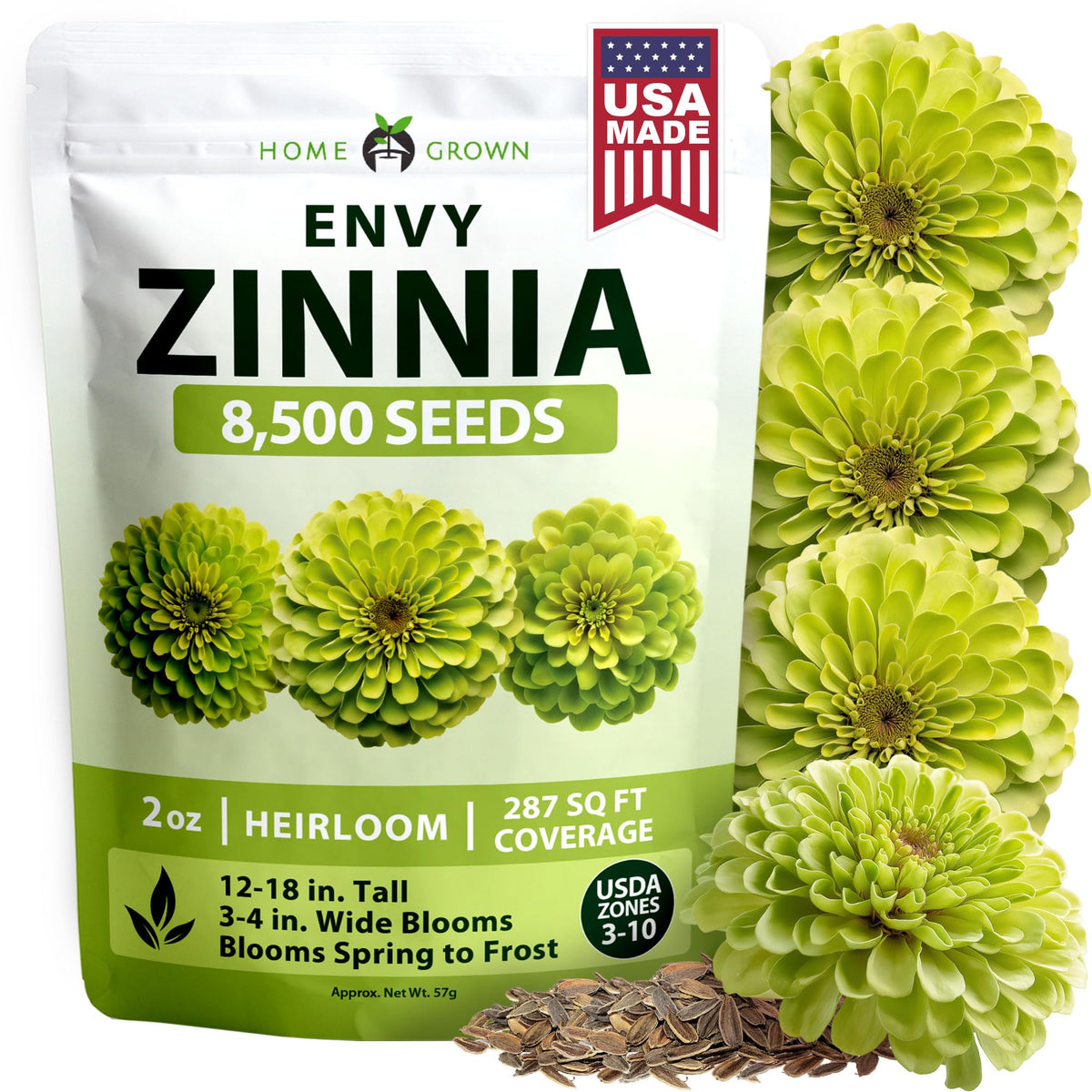 HOME GROWN Envy Zinnia seeds yield lime-green blooms for vibrant garden displays.