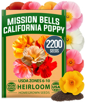 HOME GROWN Mission Bells seeds pack close-up, showing mixed colors and garden color depth.