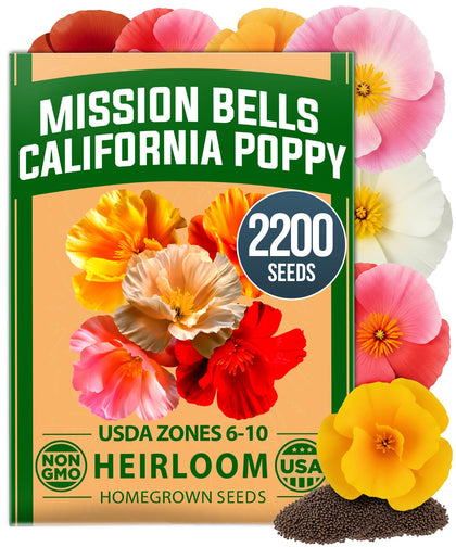 HOME GROWN Mission Bells seeds pack close-up, showing mixed colors and garden color depth.