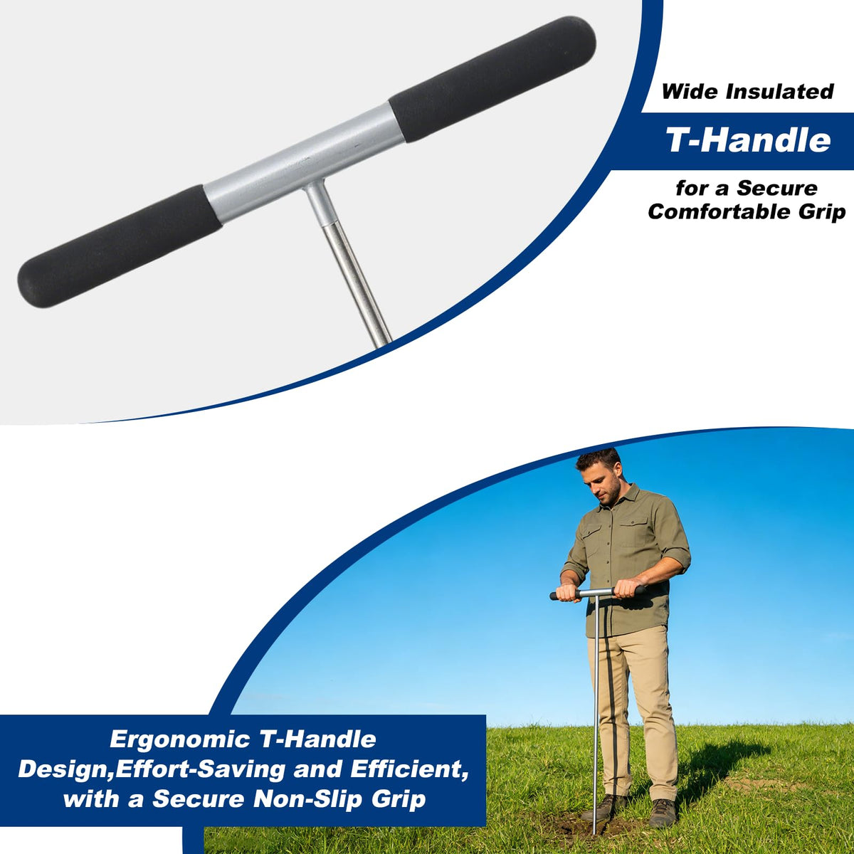 Easy-grip T-handle with foam padding on HOME RIGHT probe reduces fatigue.