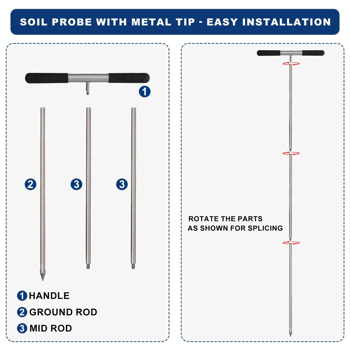Probe checks soil compaction and mole holes with HOME RIGHT tool.