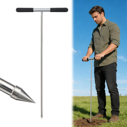 HOME RIGHT soil probe rod in use locating underground utilities precisely.