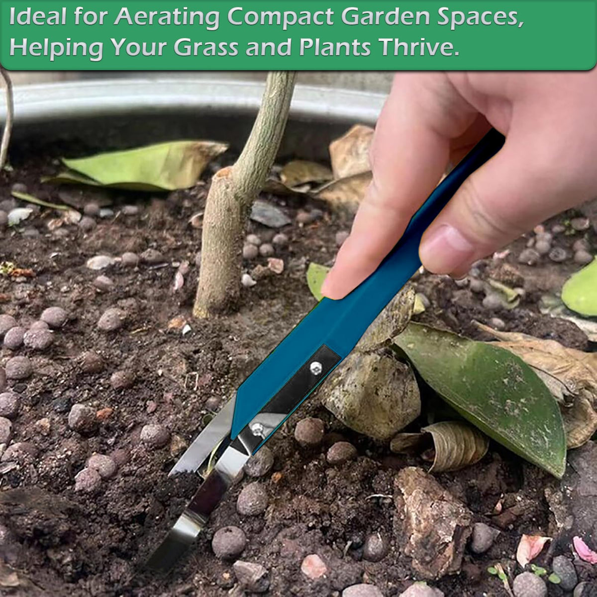 Home-X weeding tool in a garden bed, clearing weeds.