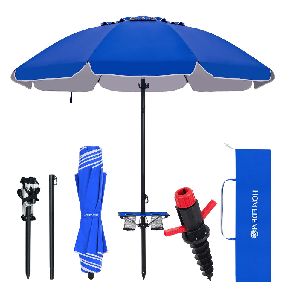HOMEDEMO 7FT beach umbrella with table and sand anchor provides stable shade on windy beaches