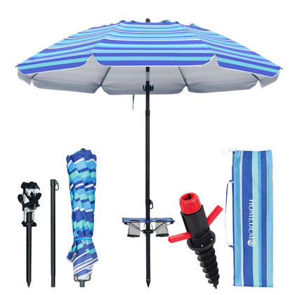 HOMEDEMO 7FT beach umbrella with table shades and holds drinks on the sand.