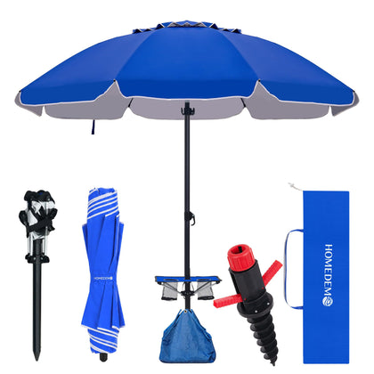 HOMEDEMO 8FT beach umbrella with sand anchor stabilizes on windy shores.