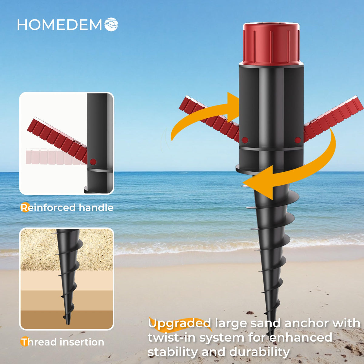HOMEDEMO sand anchor spiral detail stabilizes the umbrella in windy conditions.
