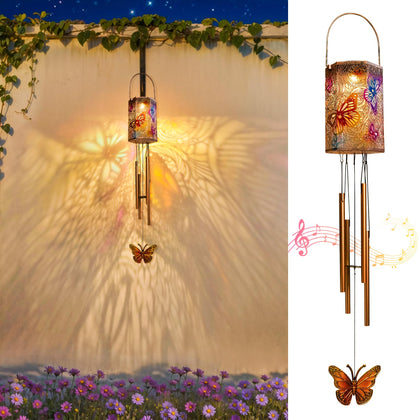 HOMEIMPRO solar wind chimes with butterfly garden motif and colorful glow