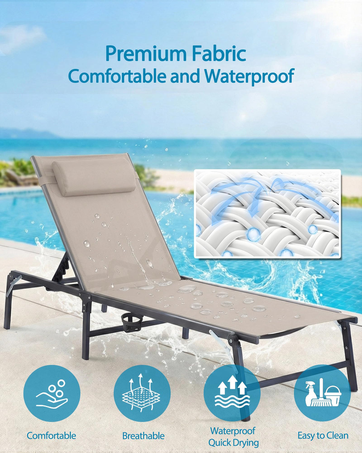 HOMELYM detachable pillow adds neck support for relaxed sunbathing.