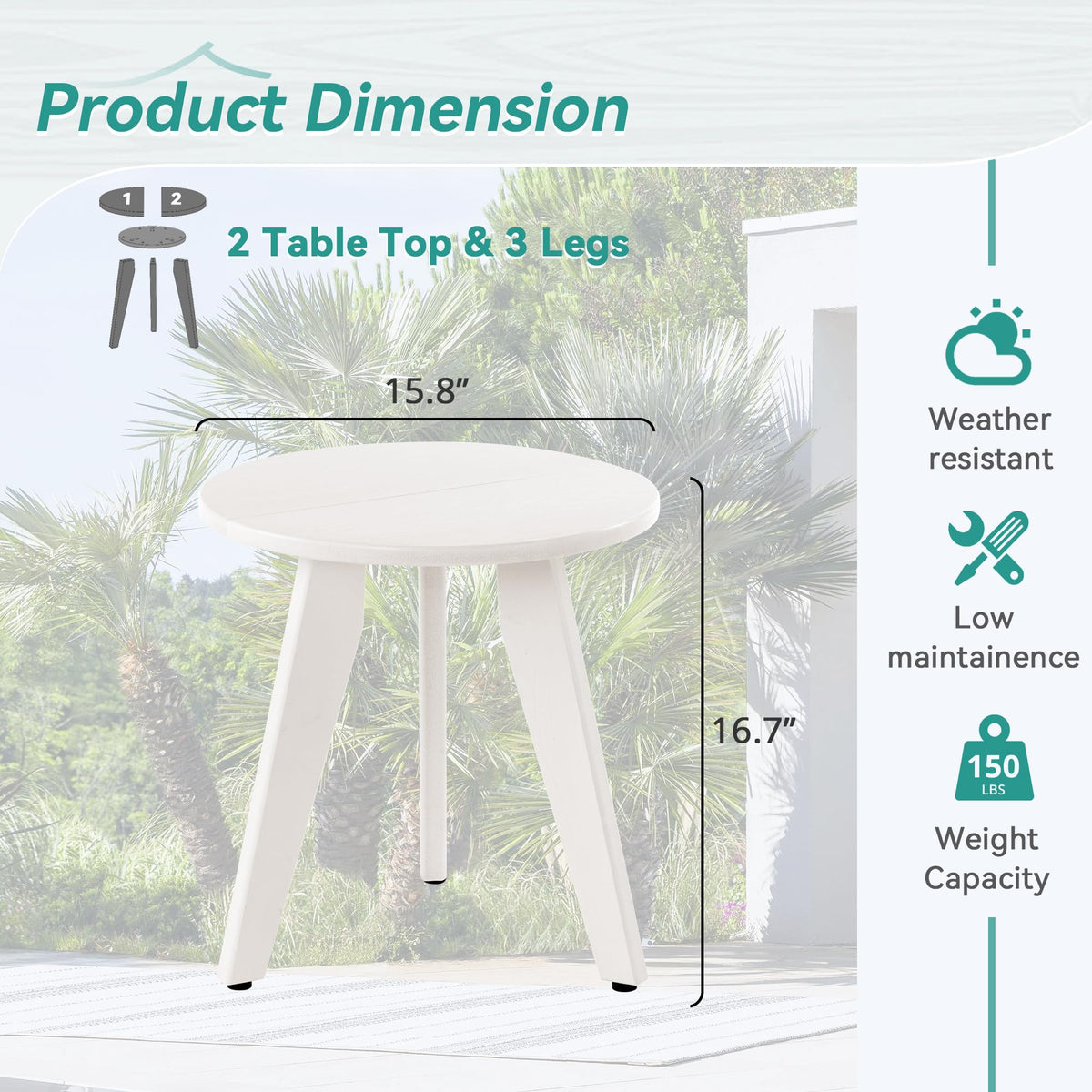 Homenjoy HDPE round table demonstrating 150 lbs load capacity in real-life setup.