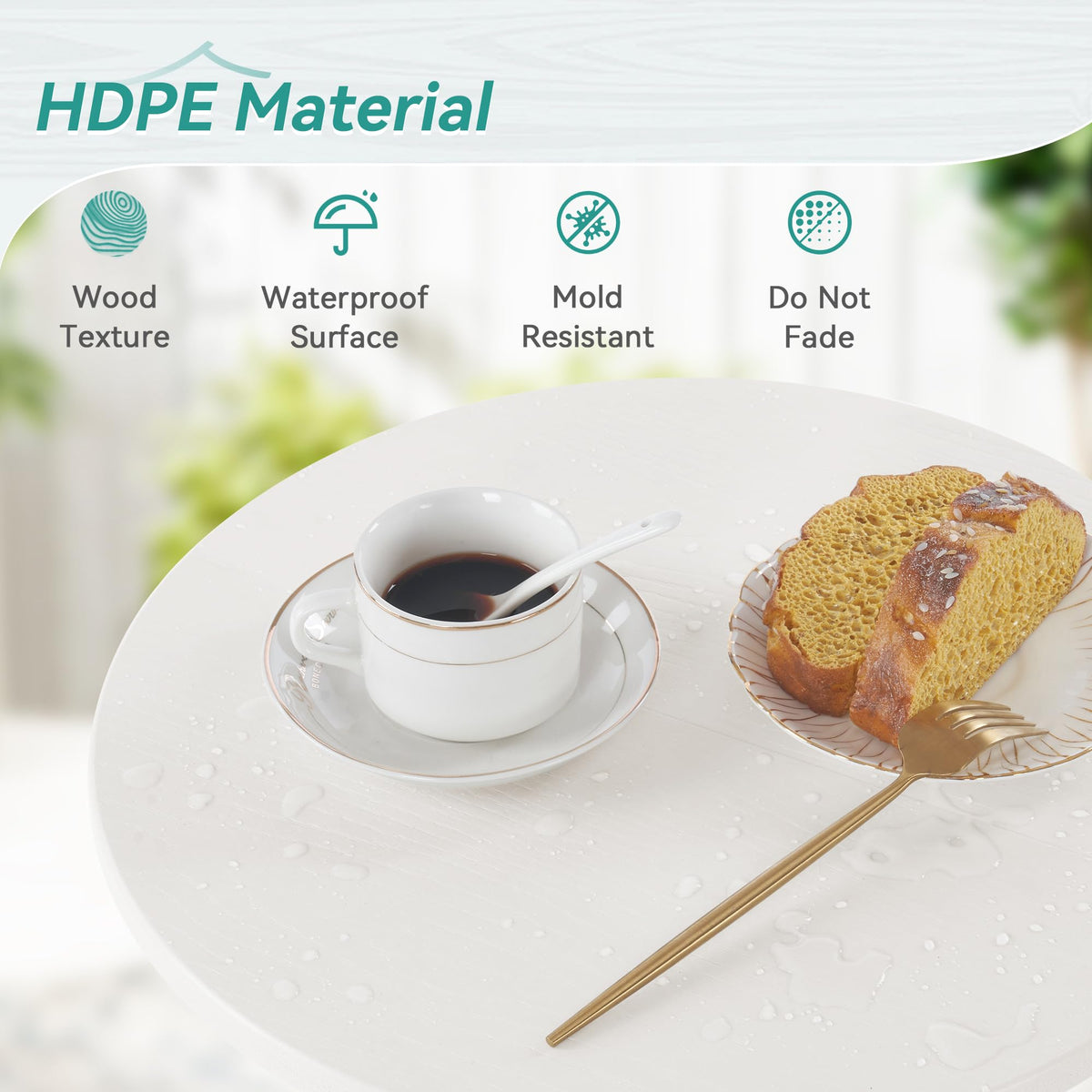 Homenjoy round table with waterproof HDPE surface, suitable for indoor or outdoor use.