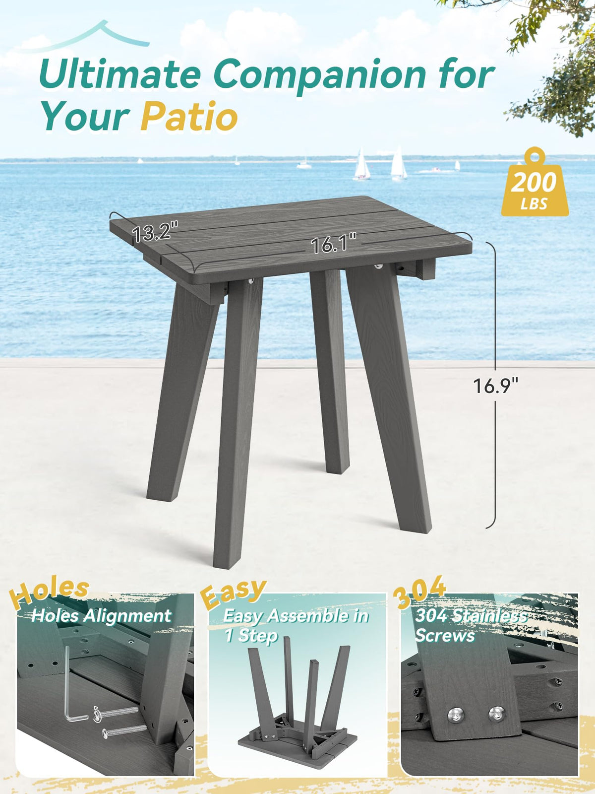 Homenjoy Outdoor Side Table demonstrates strong 200-lb capacity.
