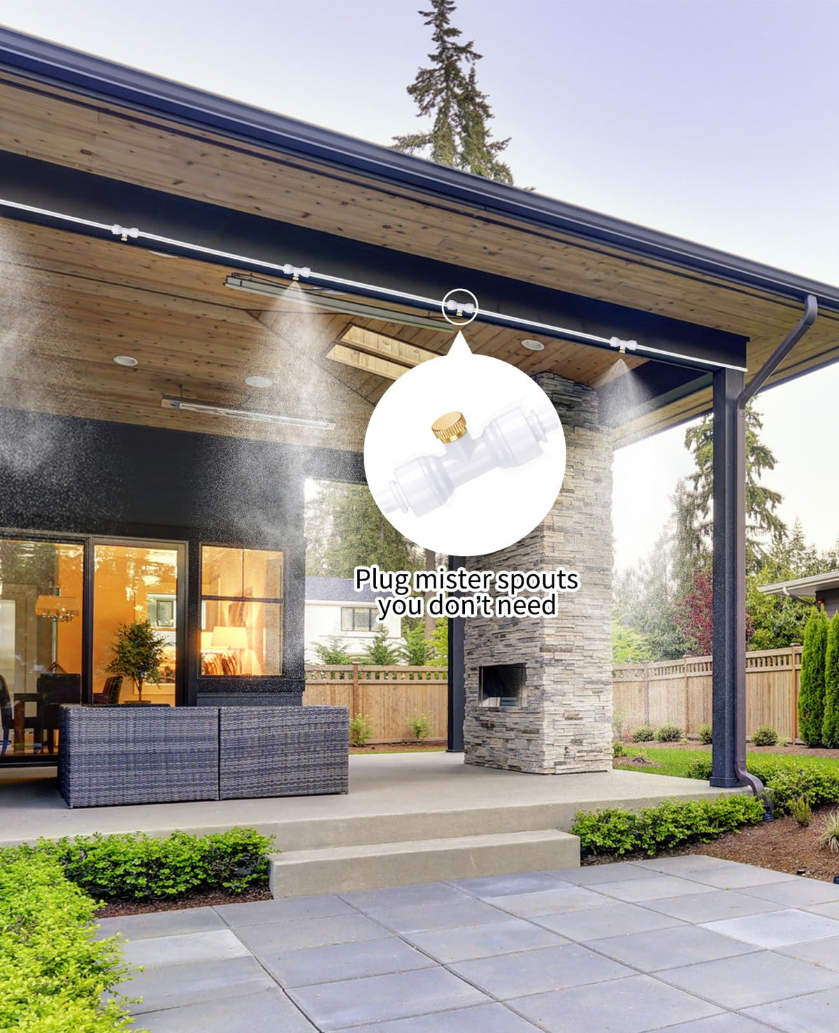 Outdoor misting system with Homenote plug in action controlling spray