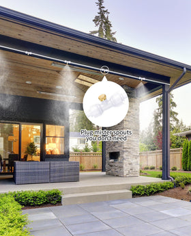 Outdoor misting system with Homenote plug in action controlling spray