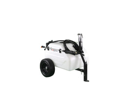 Homestead sprayer rear view during setup for efficient tow-behind spraying.