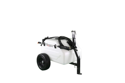 Homestead sprayer rear view during setup for efficient tow-behind spraying.