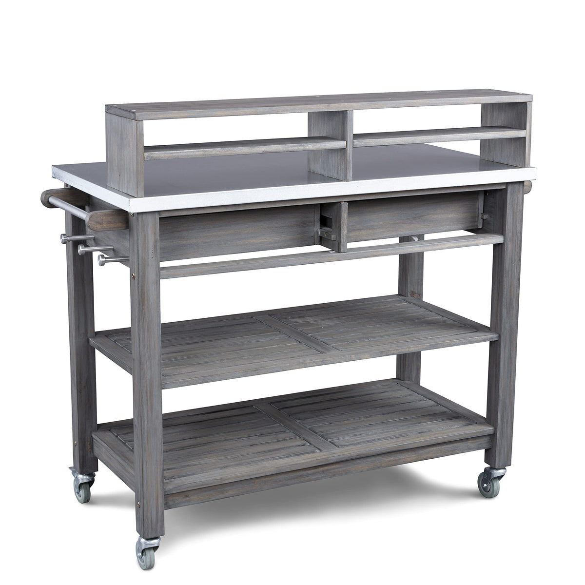 Some assembly required for the Homestyles Maho gray teak potting bench