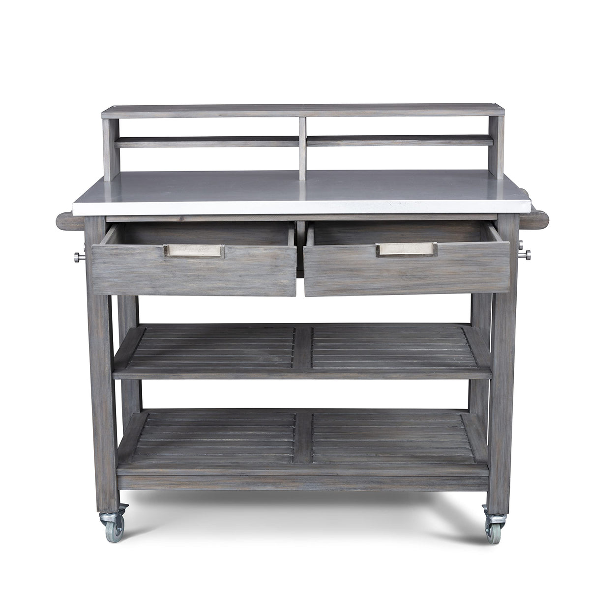 Locking caster wheels on the Homestyles Maho potting bench