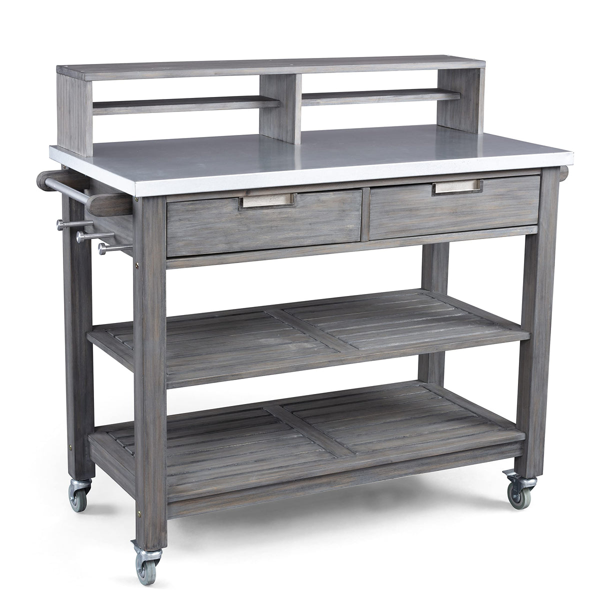 Homestyles Maho potting bench with galvanized steel top for outdoor durability