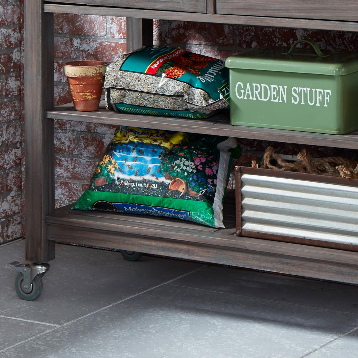 Upper hutch and storage on the Homestyles Maho potting bench