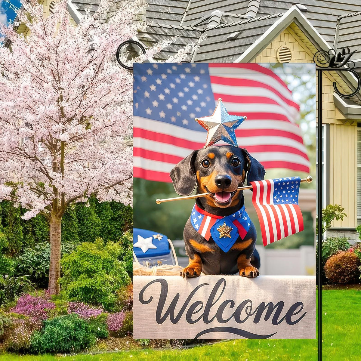 HOMETITUTE American flag dog banner adds cheerful yard flair