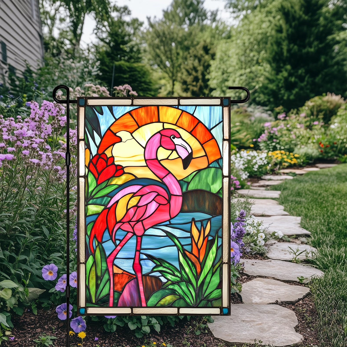 HOMETITUTE Banner Flamingo Stained Glass Art enhances garden aesthetics