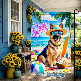 HOMETITUTE beach balls and surfboard detail enhance porch or garden theme.