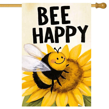 HOMETITUTE Bee Happy flag on a 28x40 double-sided display for bright outdoor welcome.