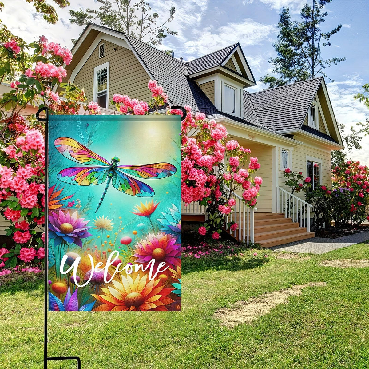 HOMETITUTE bright spring dragonfly flag invites warm yard greetings
