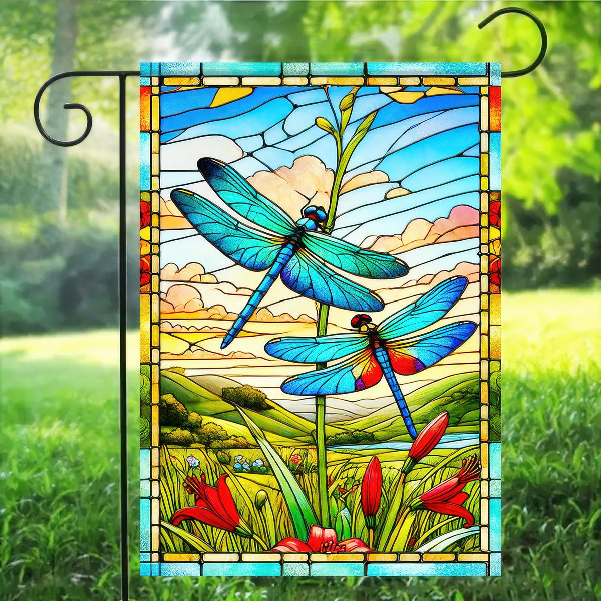 HOMETITUTE colorful dragonfly flag brightens pathways and front yards.