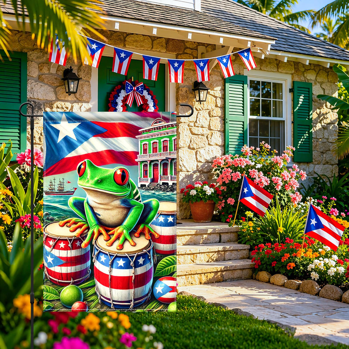 HOMETITUTE Coqui frog garden flag showcases vibrant colors in sun and breeze.