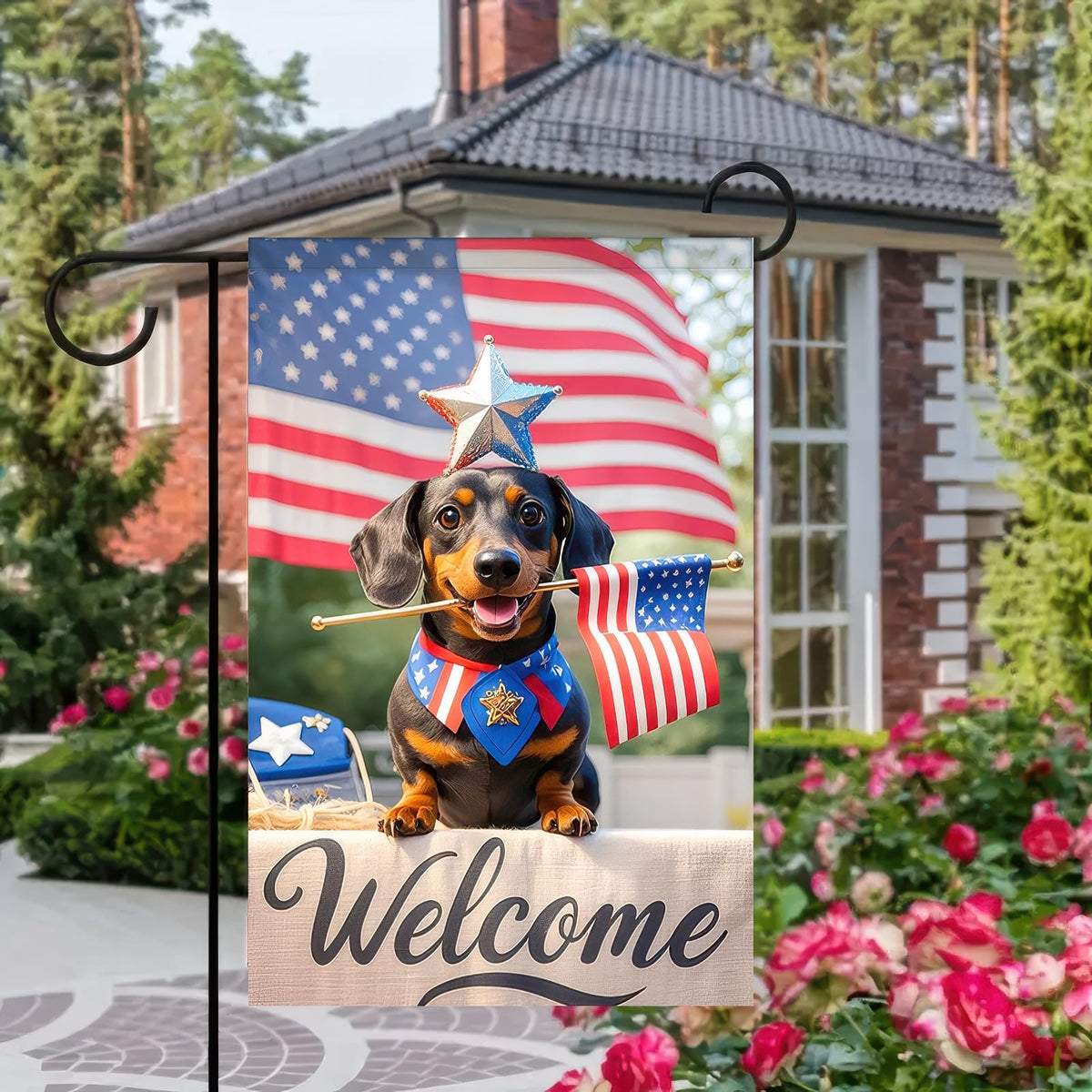 HOMETITUTE dachshund with mini flag design adds friendly charm to garden