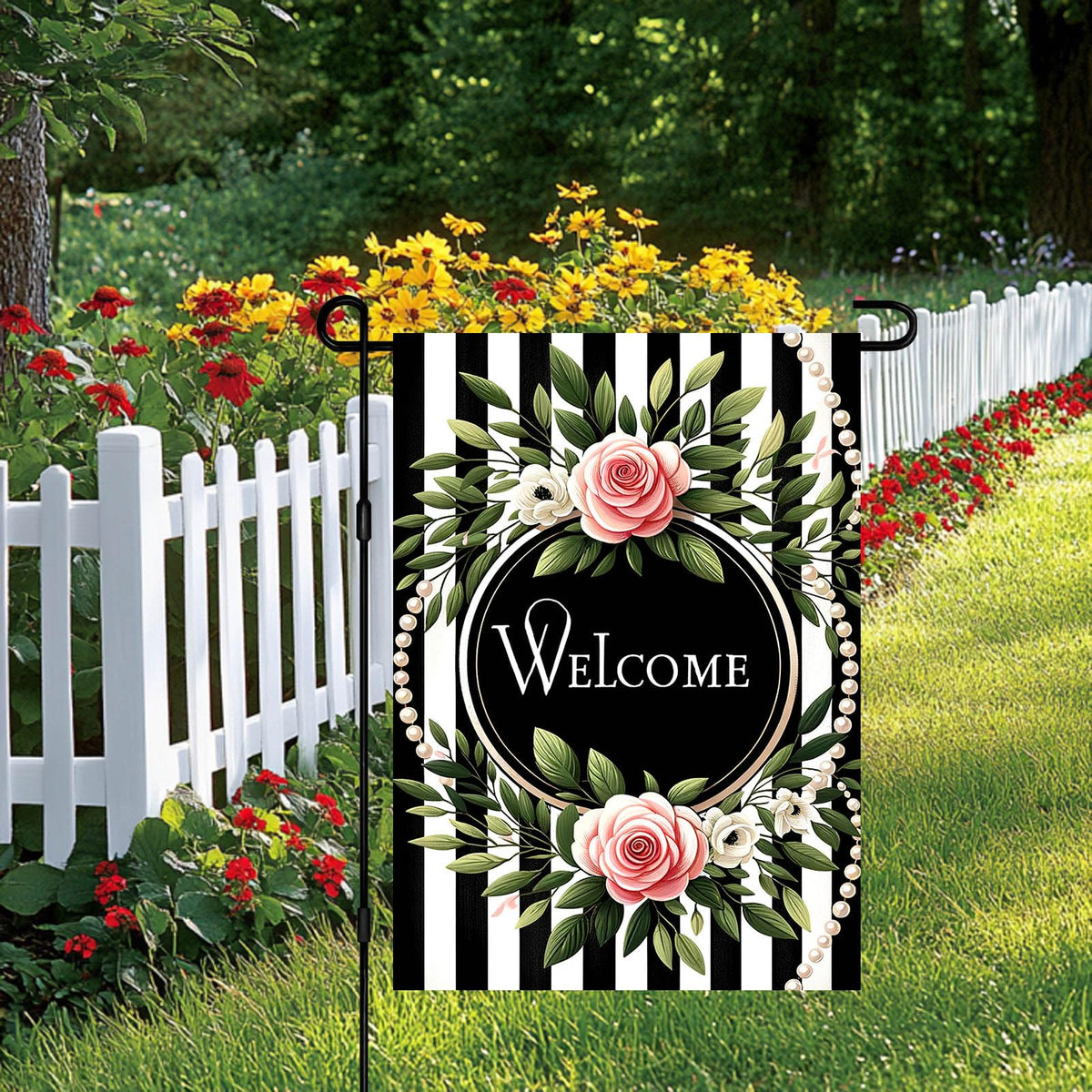 HOMETITUTE double sided garden flag shows readable message from both directions