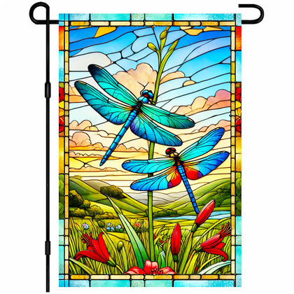 HOMETITUTE dragonfly stained glass flag with two-sided visibility for bright outdoor appeal.