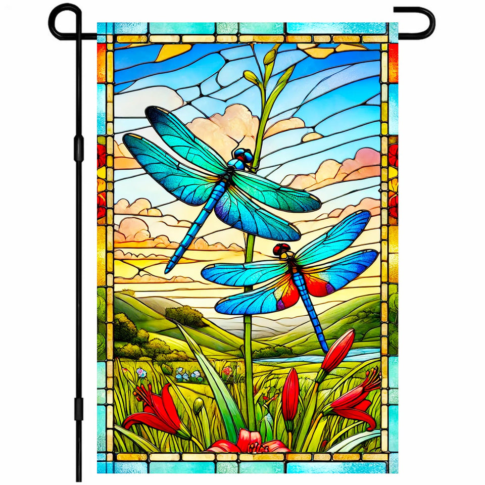 HOMETITUTE dragonfly stained glass flag with two-sided visibility for bright outdoor appeal.