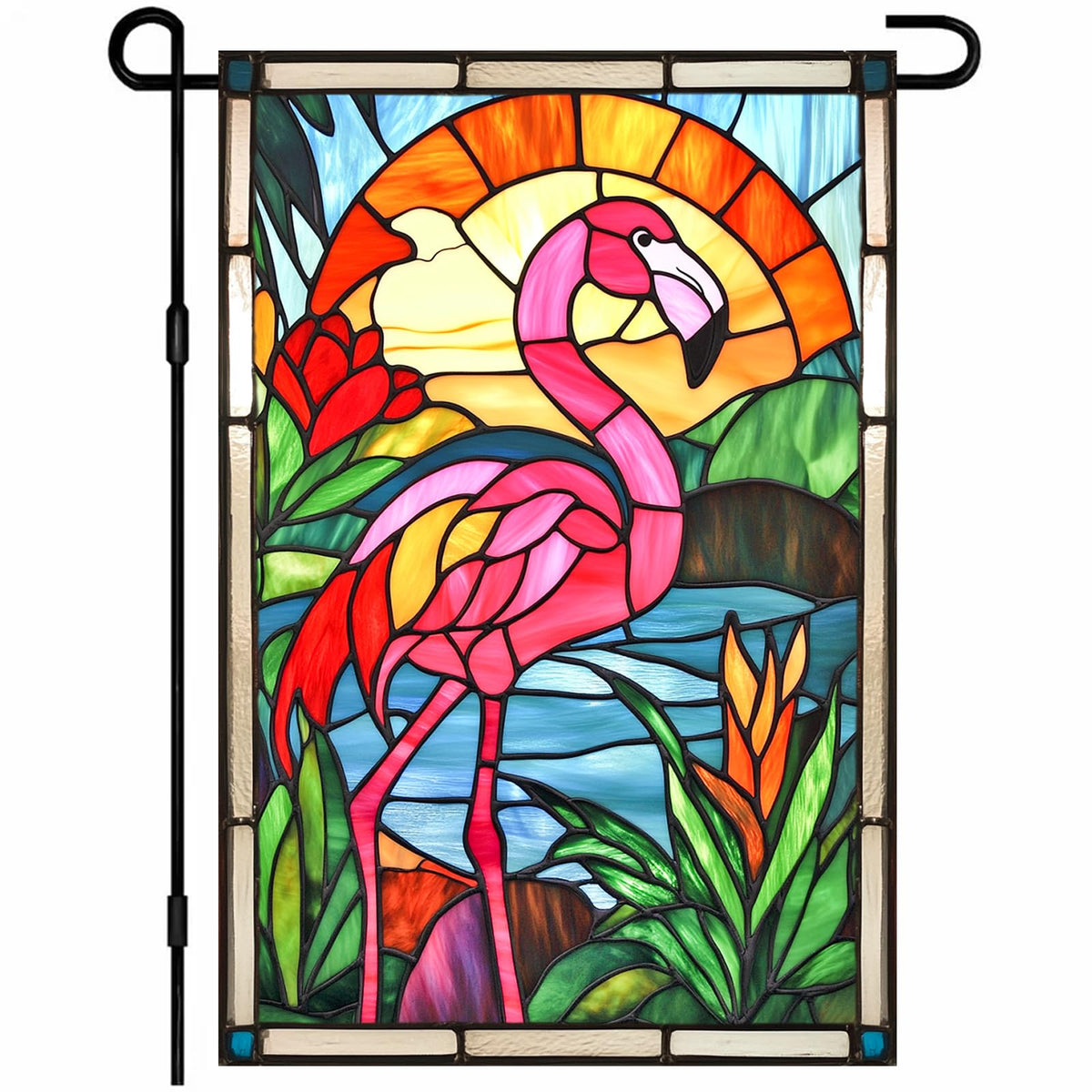 HOMETITUTE Flamingo Garden Flag stained glass design adds tropical charm to outdoor space