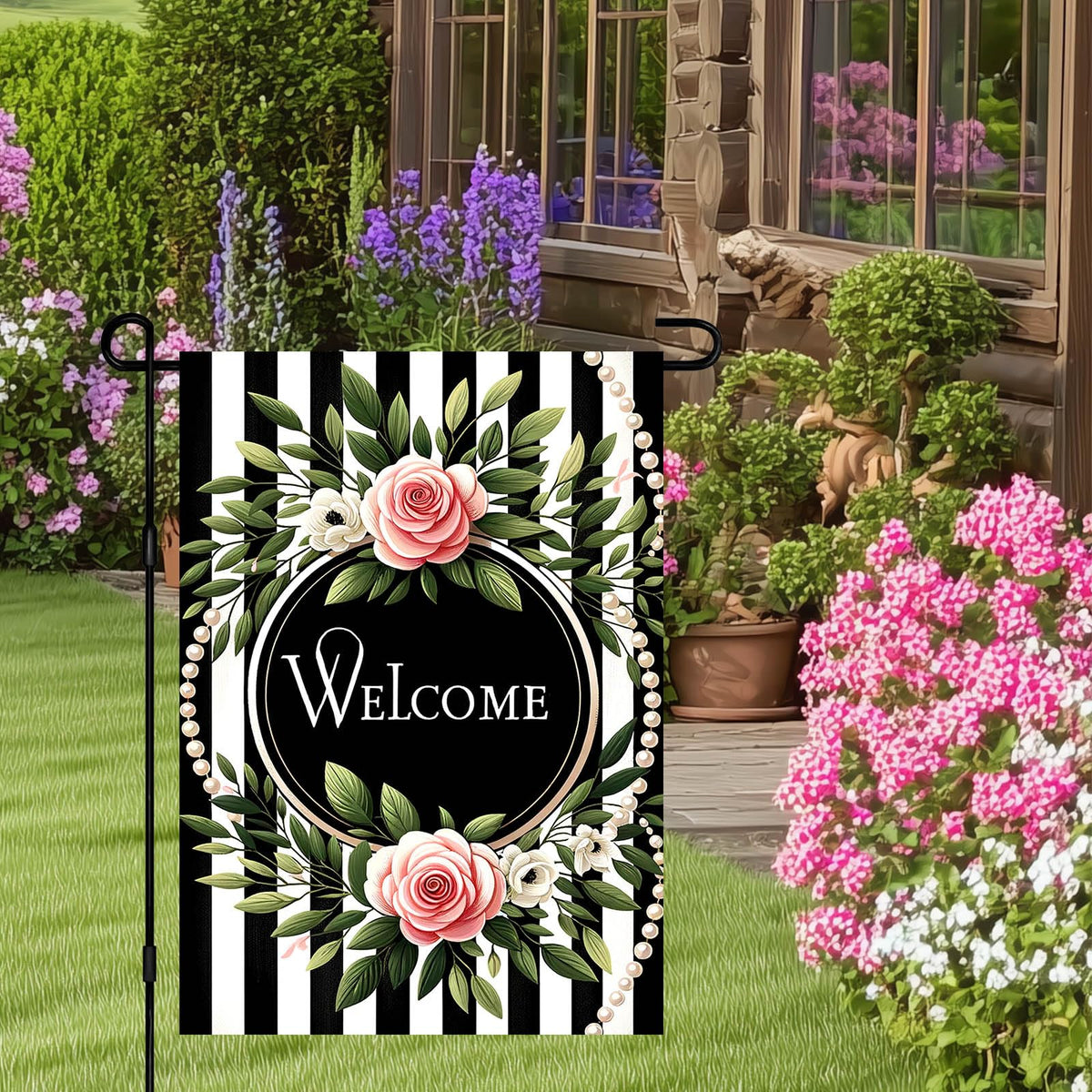HOMETITUTE floral wreath welcome flag with black and white stripes adds modern farmhouse charm