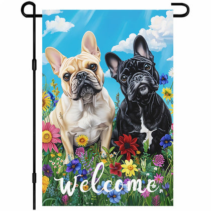 HOMETITUTE French bulldogs with spring flowers boost curb appeal for your garden flag.